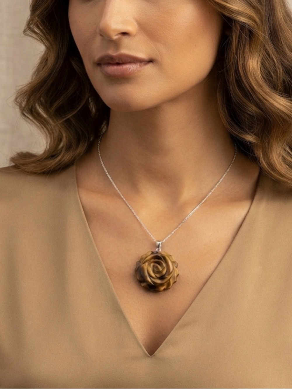 Carved Tiger’s Eye Rose Pendant